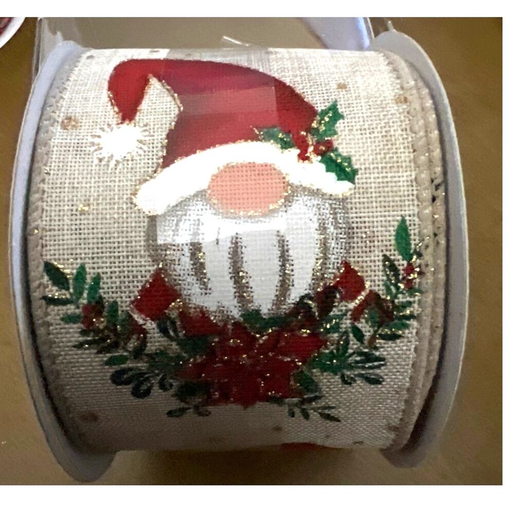 Wired Holiday Ribbon - Santa Gnome Graphic | 100% Polyester | 2.5 in x 20 ft